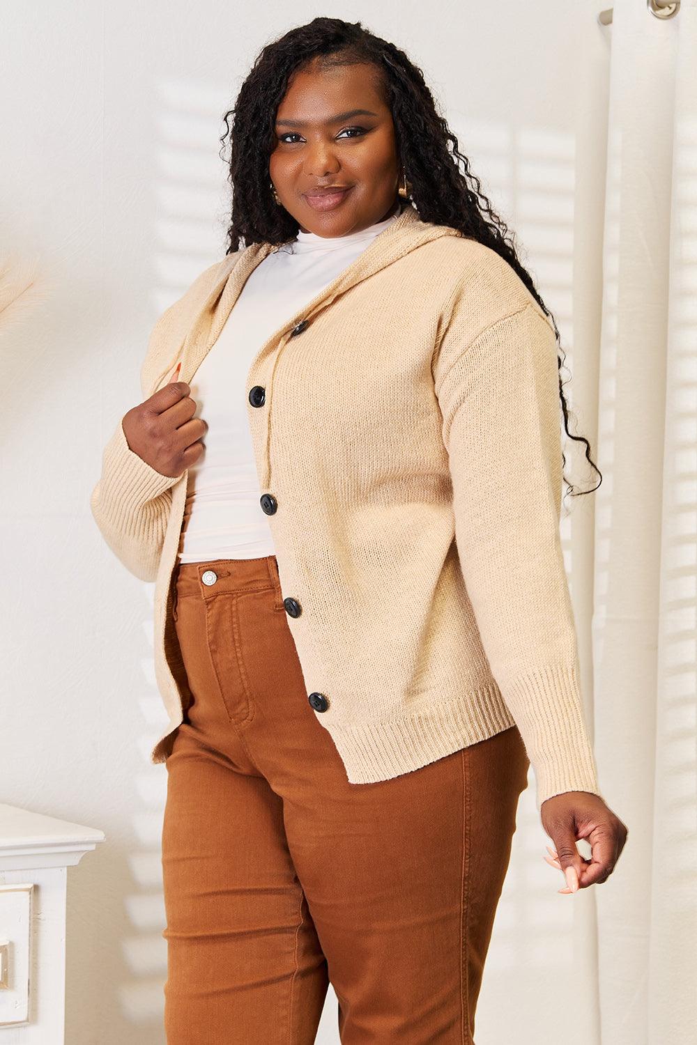 Woven Right Button-Down Long Sleeve Hooded Sweater Carauana Store