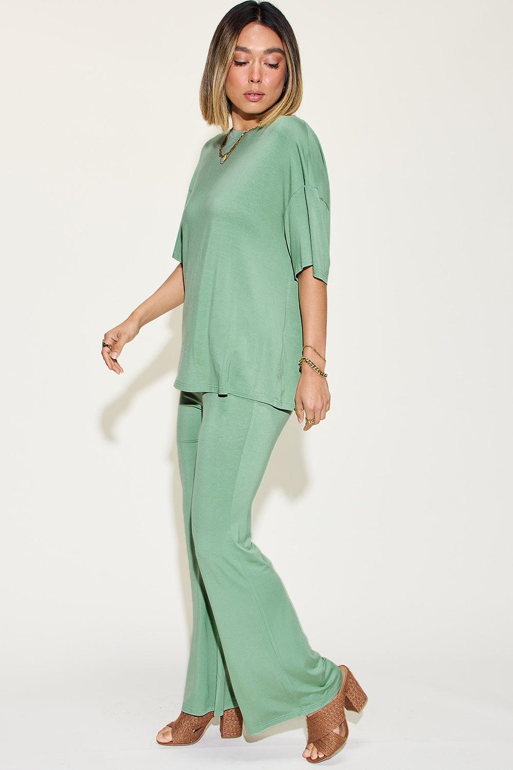 Basic Bae Full Size Bamboo Drop Shoulder T-Shirt and Flare Pants Set Carauana Store
