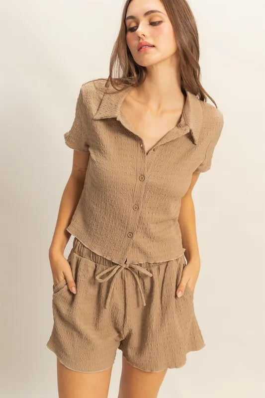 HYFVE Textured Short Sleeve Top and Drawstring Shorts Knit Set Carauana Store