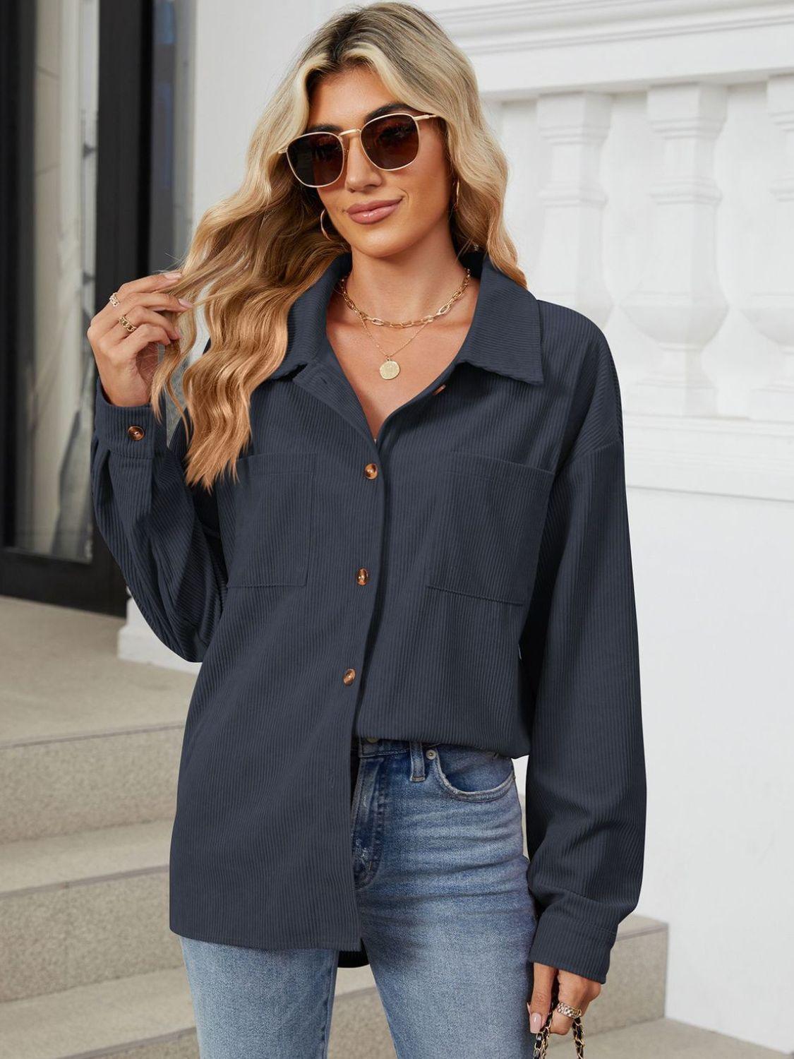 Button Up Dropped Shoulder Long Sleeve Outerwear Carauana Store