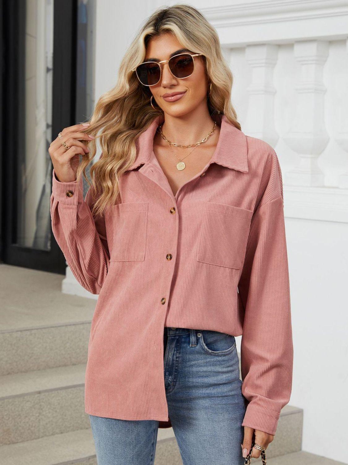 Button Up Dropped Shoulder Long Sleeve Outerwear Carauana Store