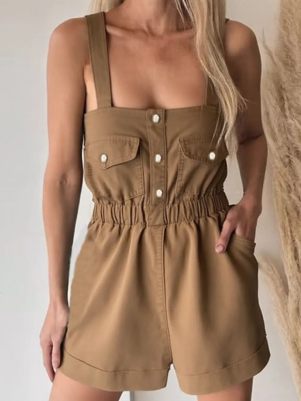 Wide Strap Denim Romper with Pockets Carauana Store