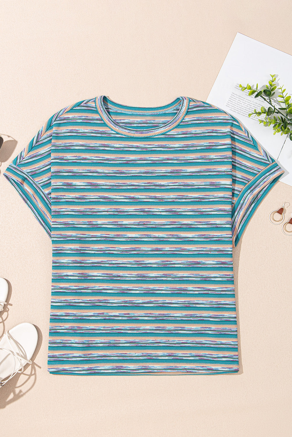 Multicolour Striped Wide Sleeve Loose T Shirt