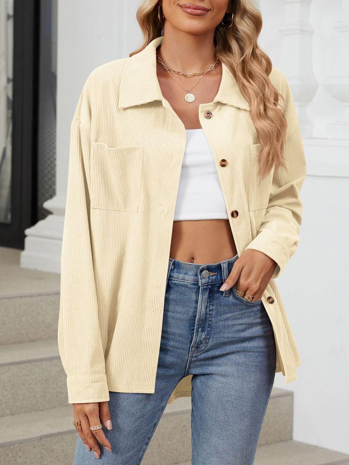 Button Up Dropped Shoulder Long Sleeve Outerwear Carauana Store