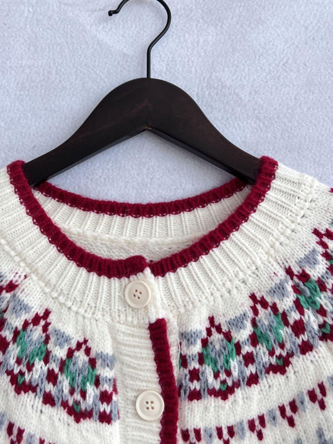 Contrast Geometric Round Neck Long Sleeve Cardigan Carauana Store