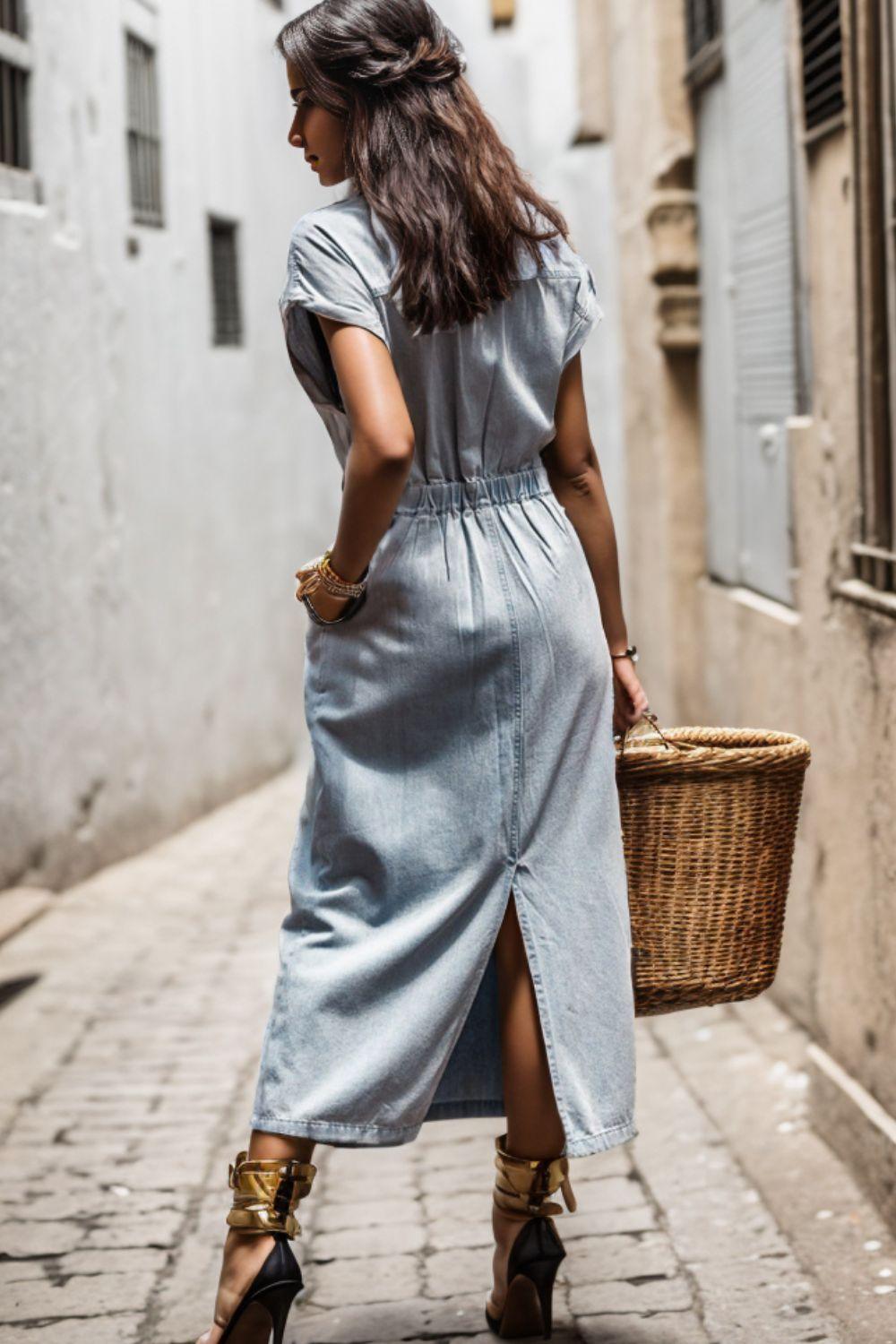 Slit Pocketed Half Button Denim Dress Carauana Store