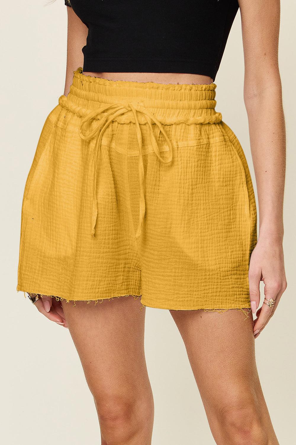 Double Take Full Size Texture Raw Trim Drawstring Shorts Carauana Store