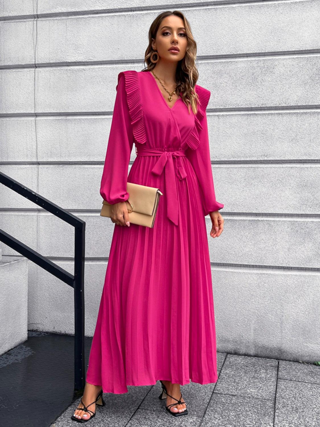 Pleated Surplice Tie Waist Maxi Dress Carauana Store