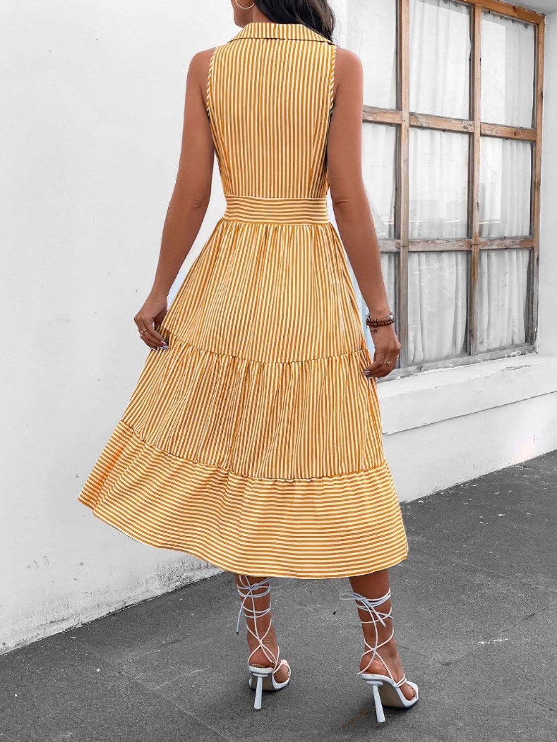 Striped Johnny Collar Sleeveless Midi Dress Carauana Store
