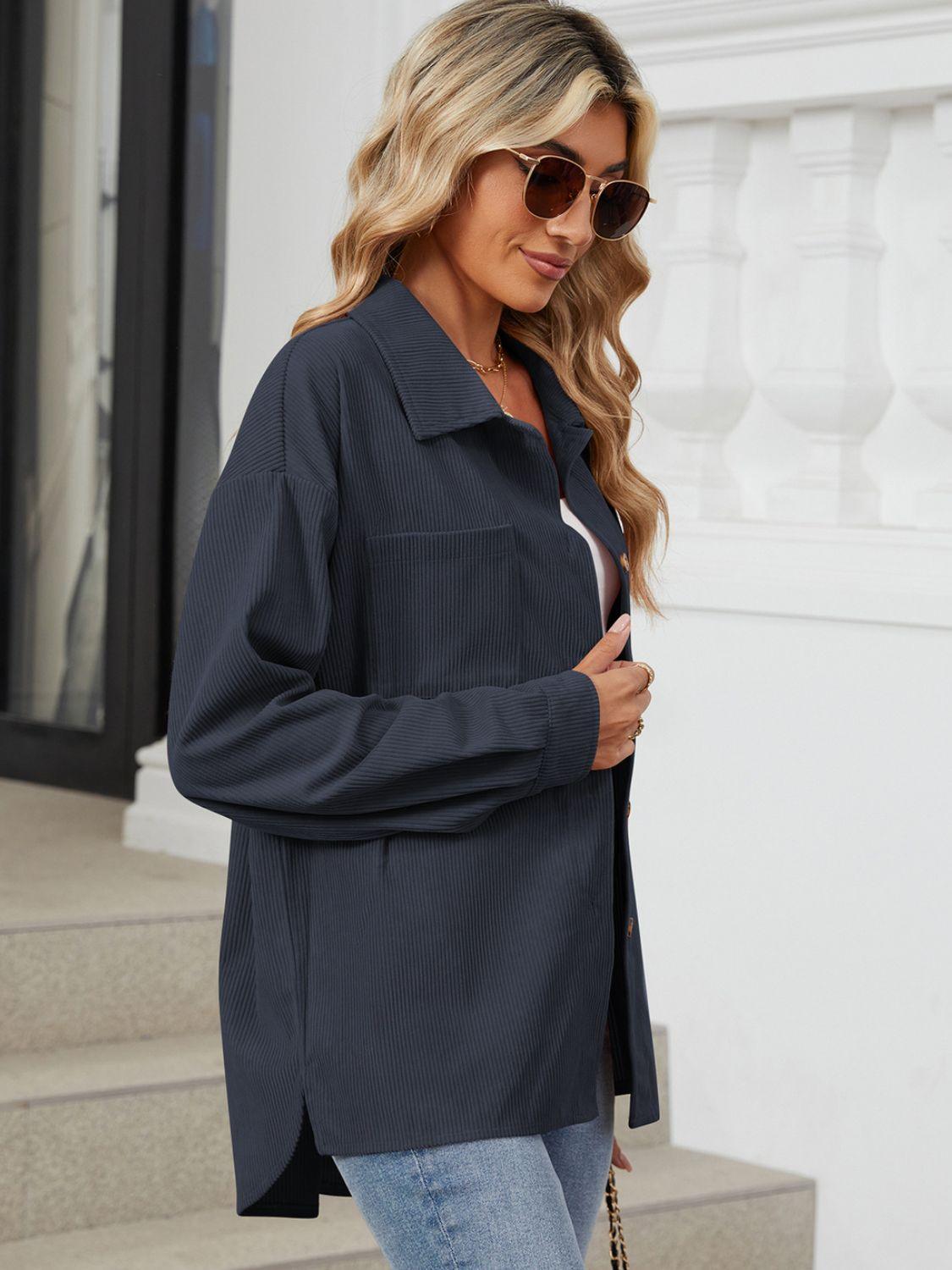 Button Up Dropped Shoulder Long Sleeve Outerwear Carauana Store
