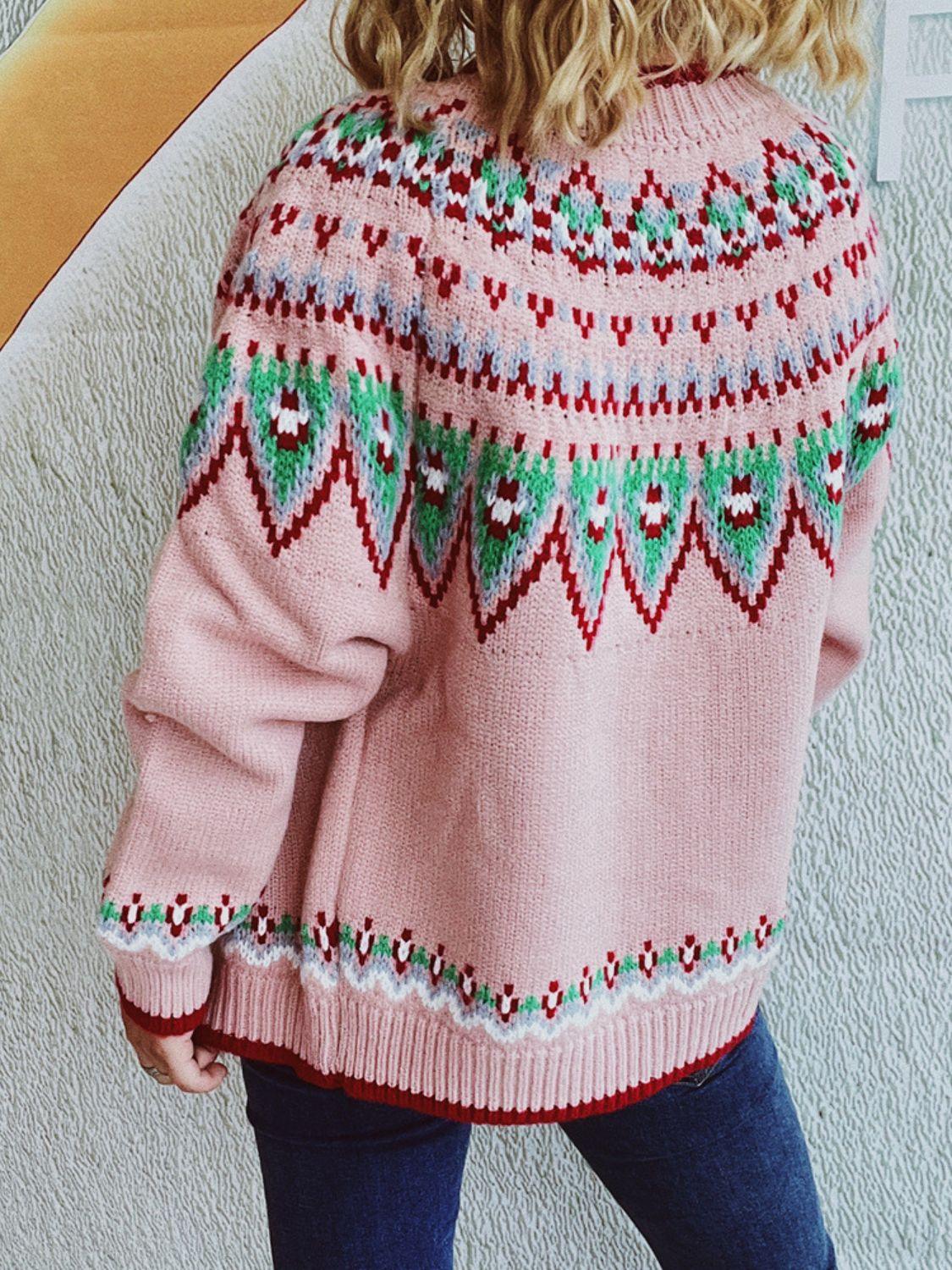 Contrast Geometric Round Neck Long Sleeve Cardigan Carauana Store