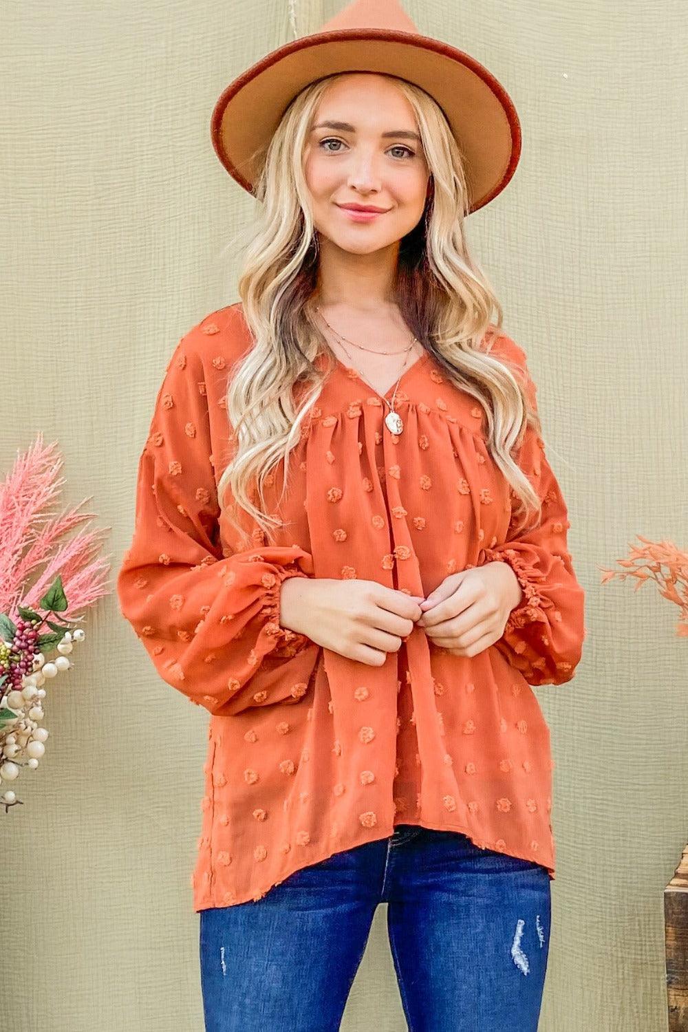 And The Why Swiss Dot V Neck Balloon Sleeve Woven Blouse Carauana Store