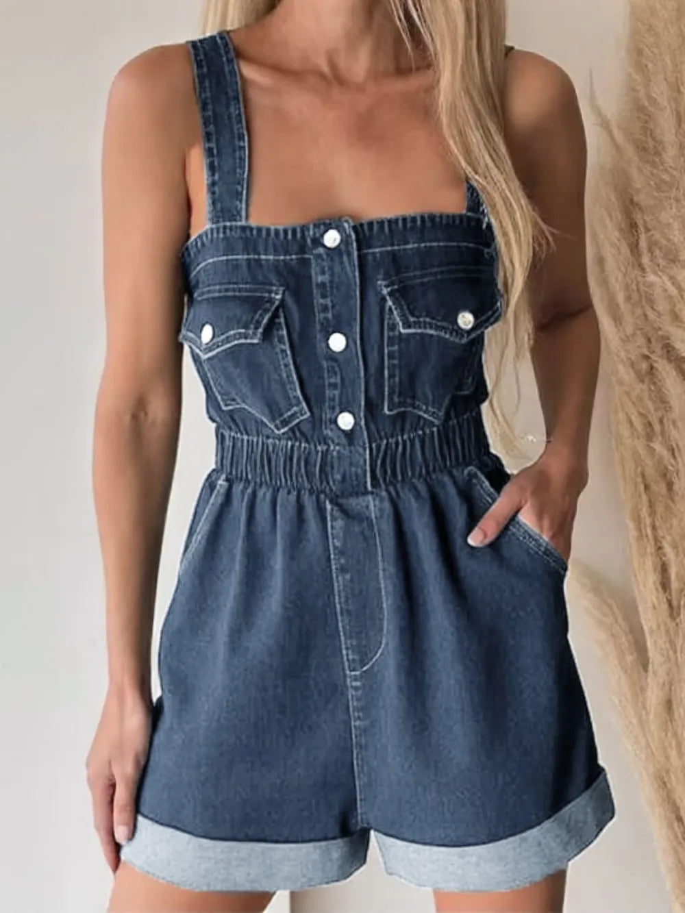 Wide Strap Denim Romper with Pockets Carauana Store