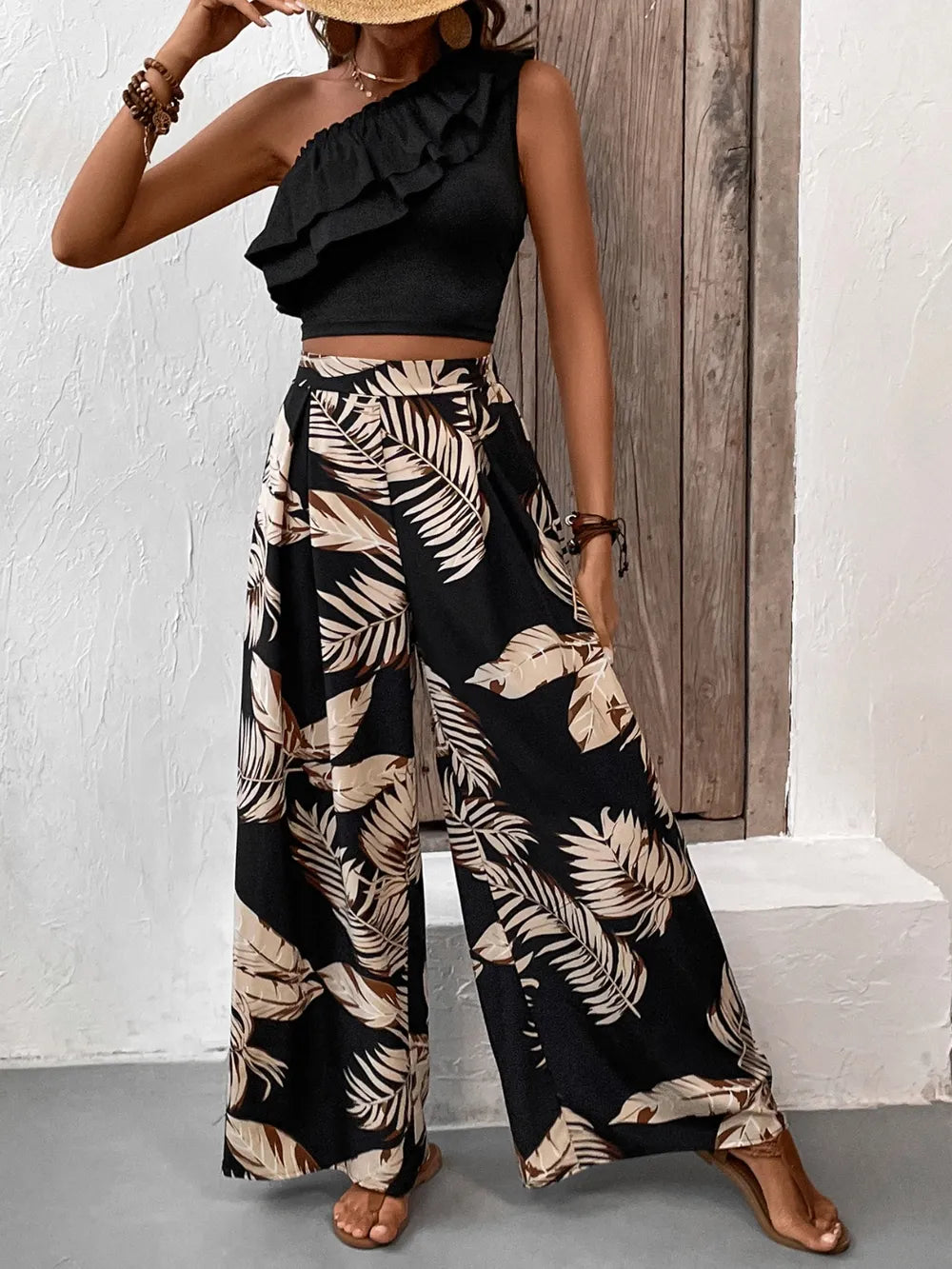 Honey Ruffled Sleeveless Top and Printed Pants Set Carauana Store
