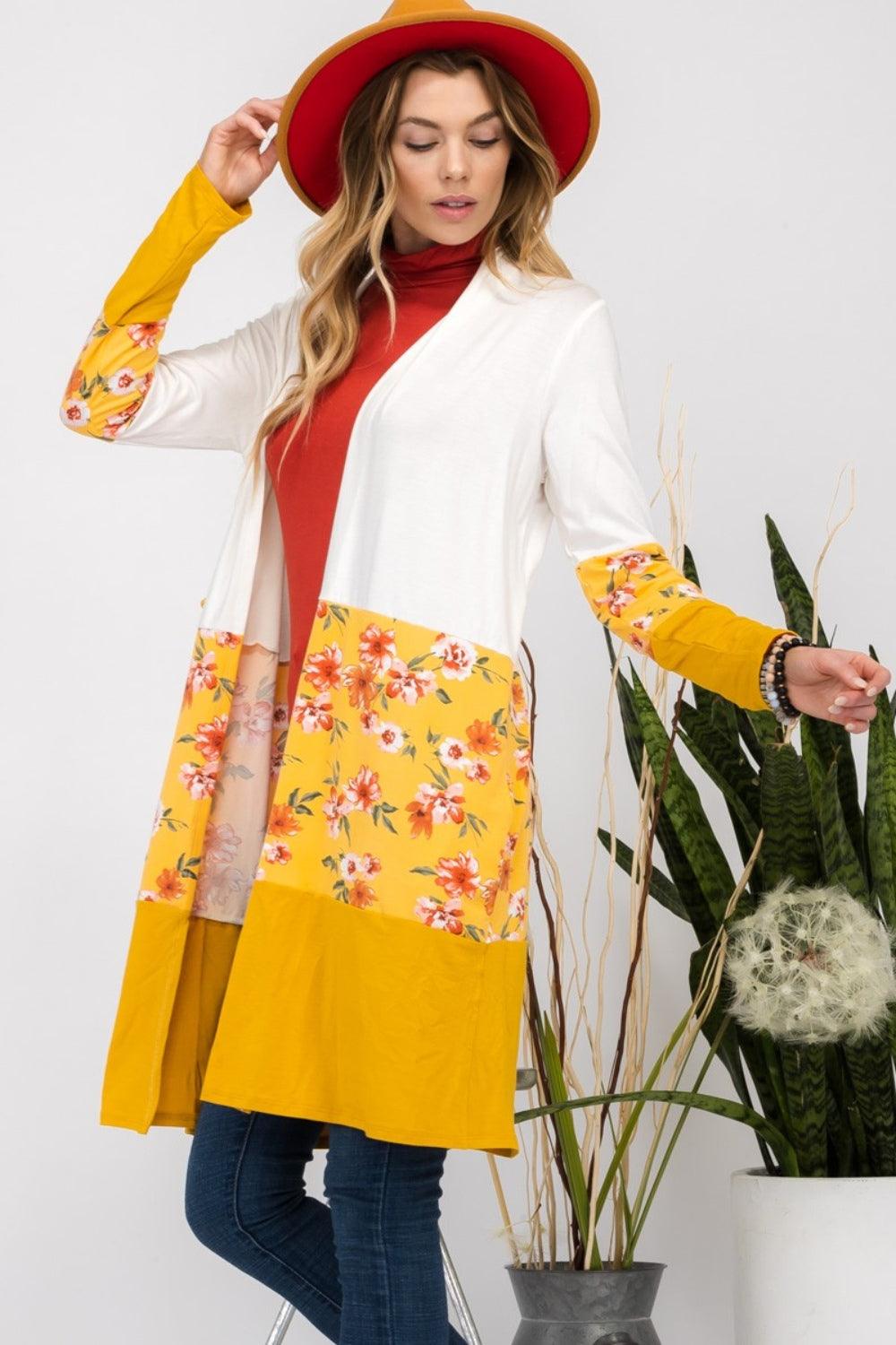 Celeste Full Size Floral Color Block Open Front Cardigan Carauana Store