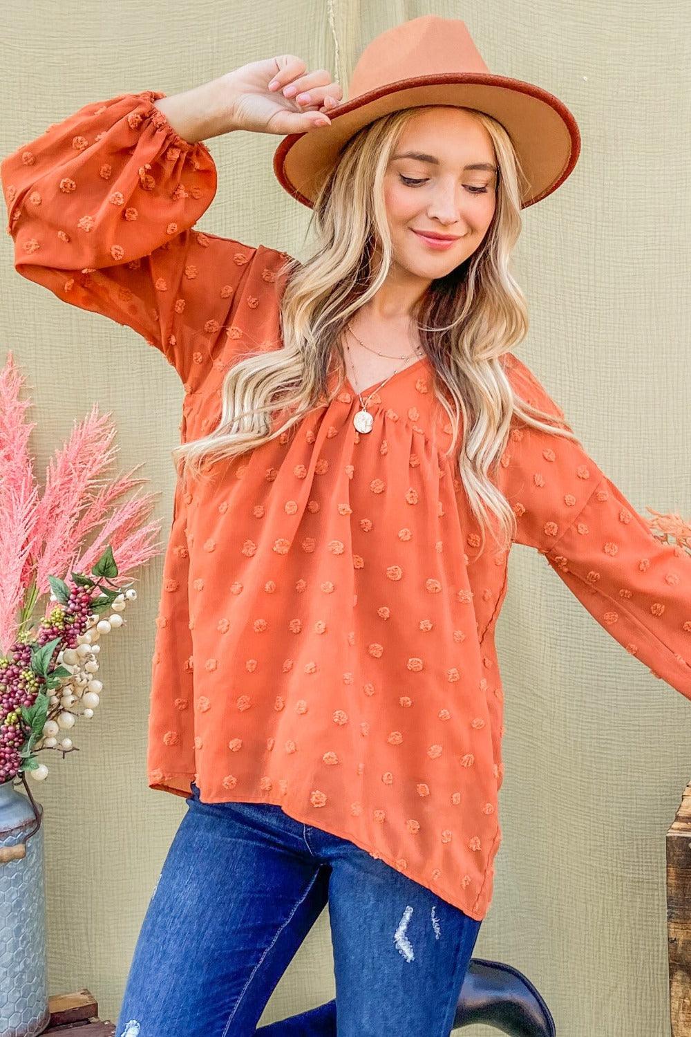 And The Why Swiss Dot V Neck Balloon Sleeve Woven Blouse Carauana Store