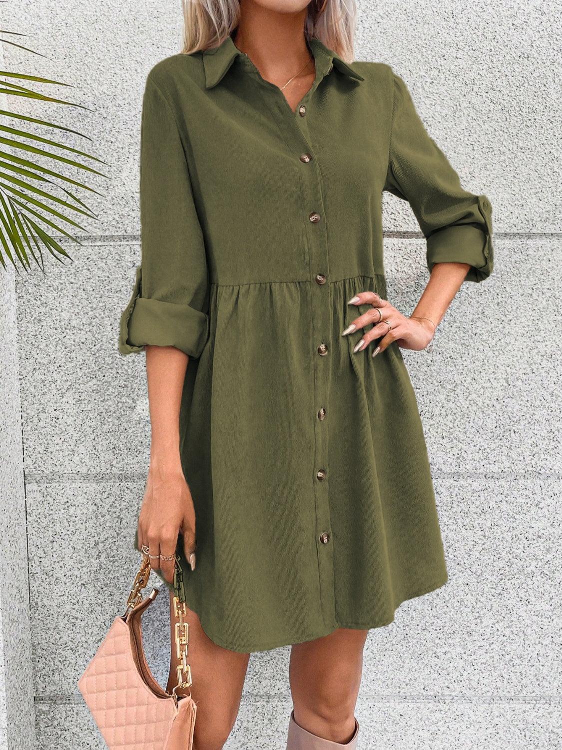 Button Up Collared Neck Long Sleeve Dress Carauana Store