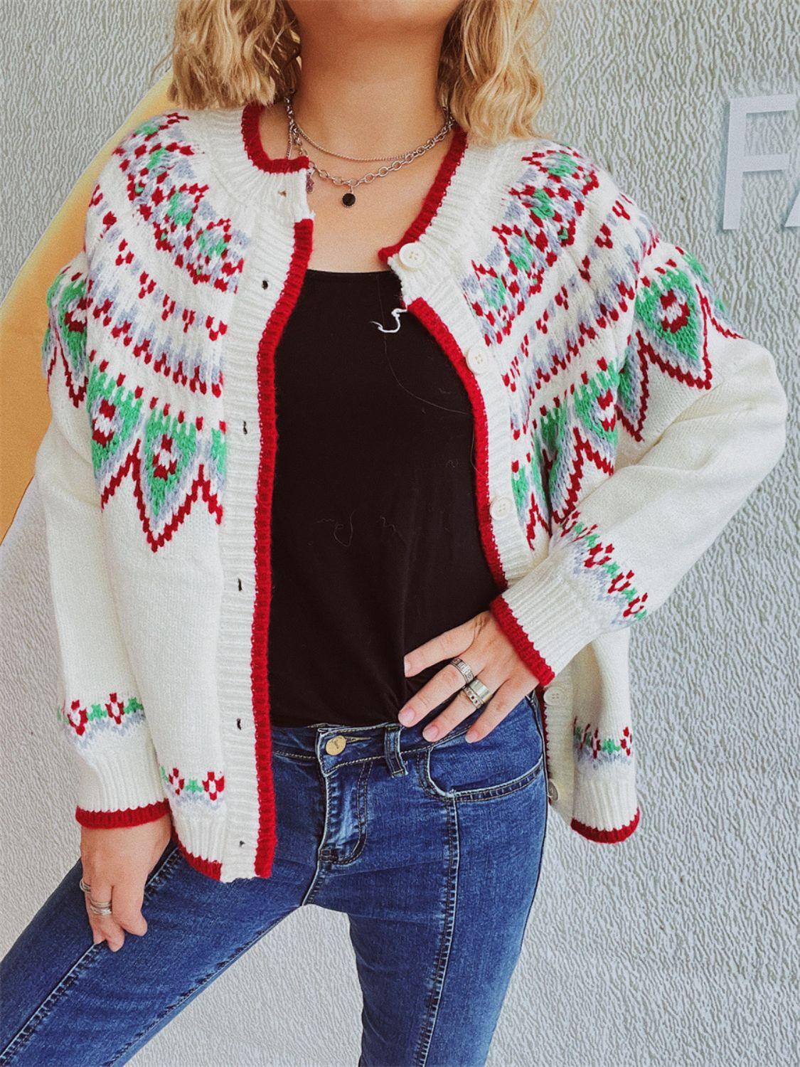 Contrast Geometric Round Neck Long Sleeve Cardigan Carauana Store