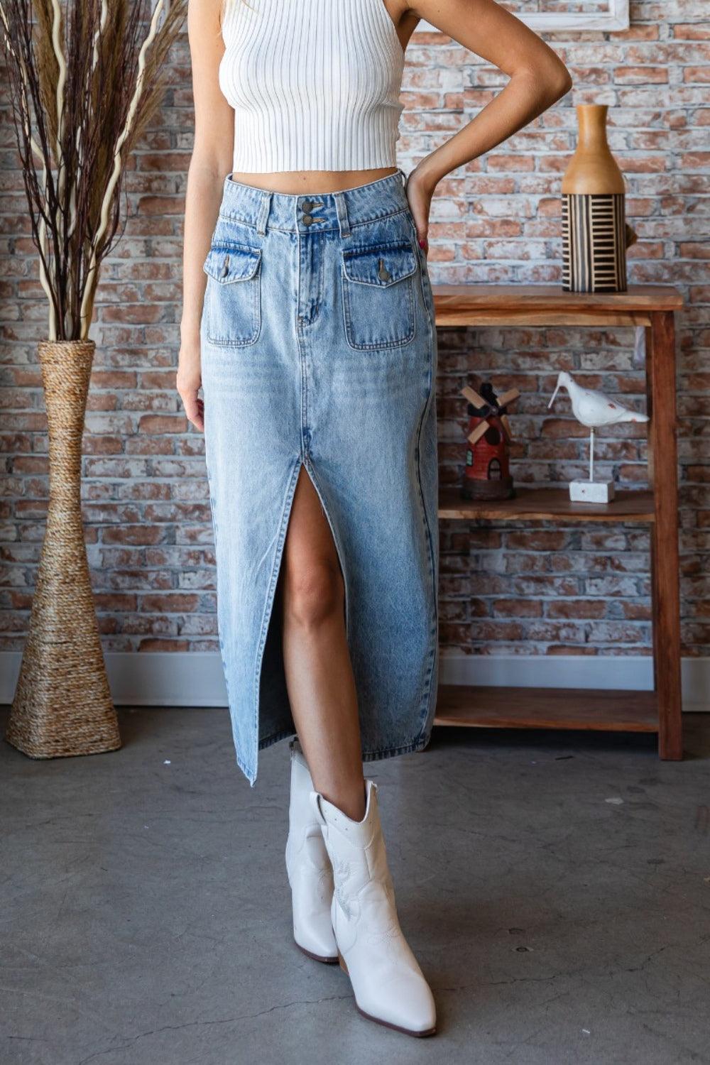 Veveret Slit Mid Rise Waist Denim Skirt Carauana Store
