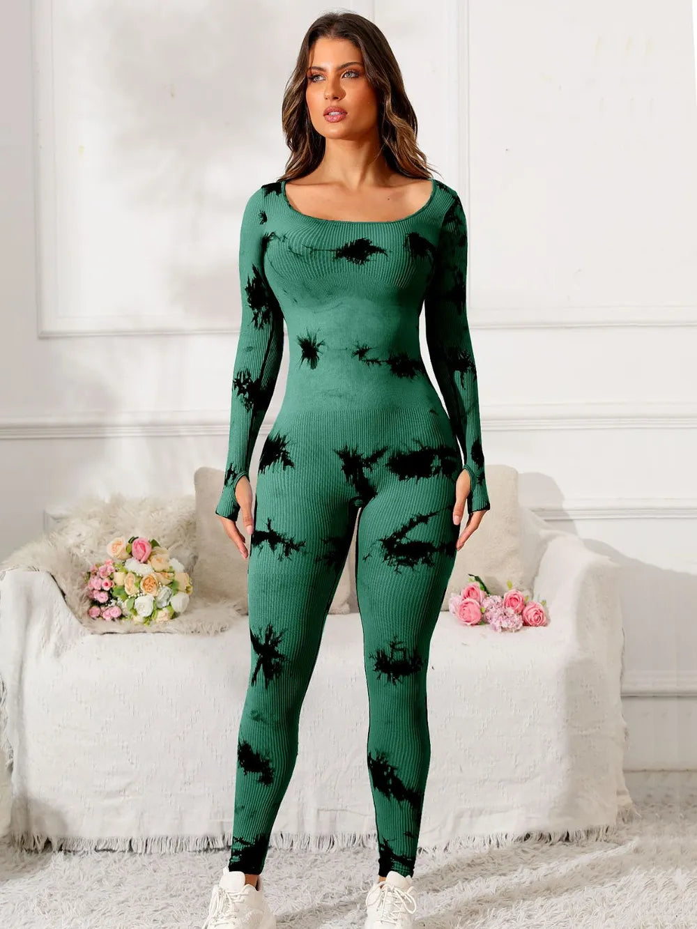 Scoop Neck Long Sleeve Active Jumpsuit Carauana Store