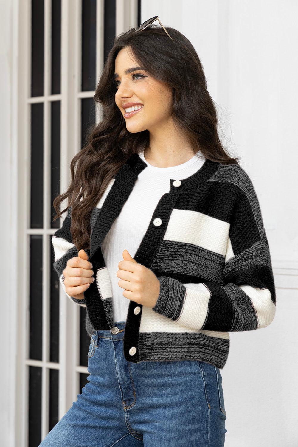 Striped Button Up Long Sleeve Cardigan Carauana Store