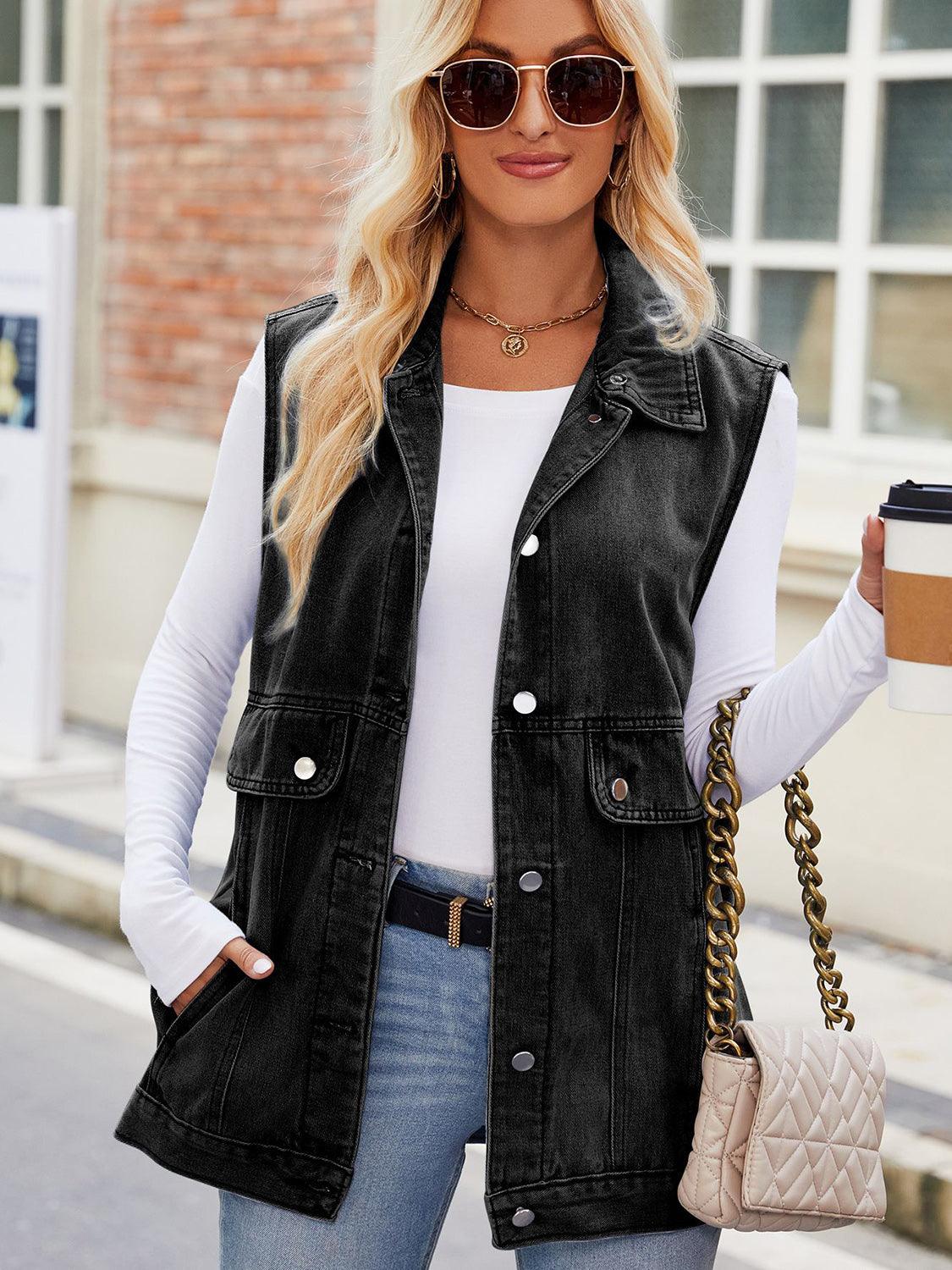 Button Up Collared Neck Denim Jacket with Pockets Carauana Store