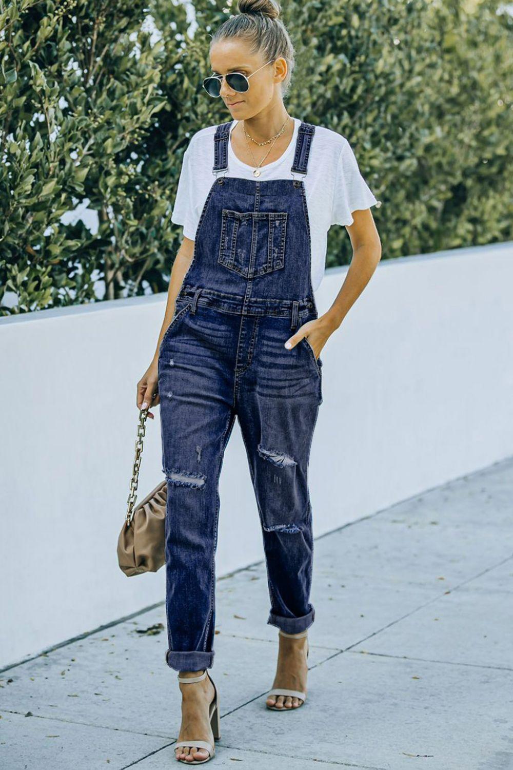 Pocketed Distressed Denim Overalls Carauana Store