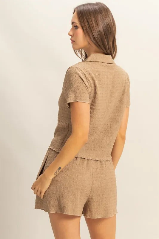 HYFVE Textured Short Sleeve Top and Drawstring Shorts Knit Set Carauana Store