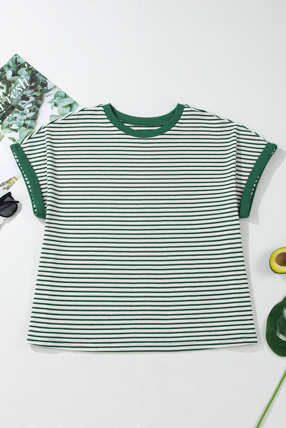 Green Stripe Trimmed Round Neck Plus Size Boxy Fit T-shirt