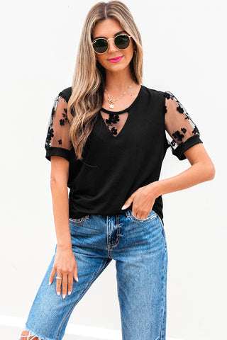 Black Flora Lace Patchwork Crew Neck T Shirt