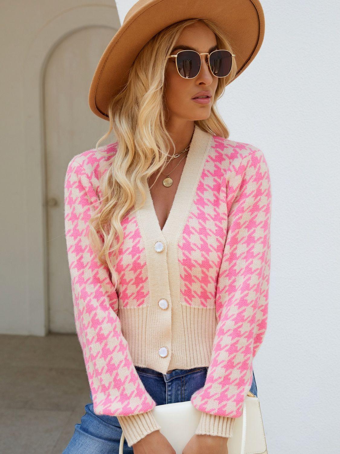 Houndstooth Button Up Long Sleeve Cardigan Carauana Store
