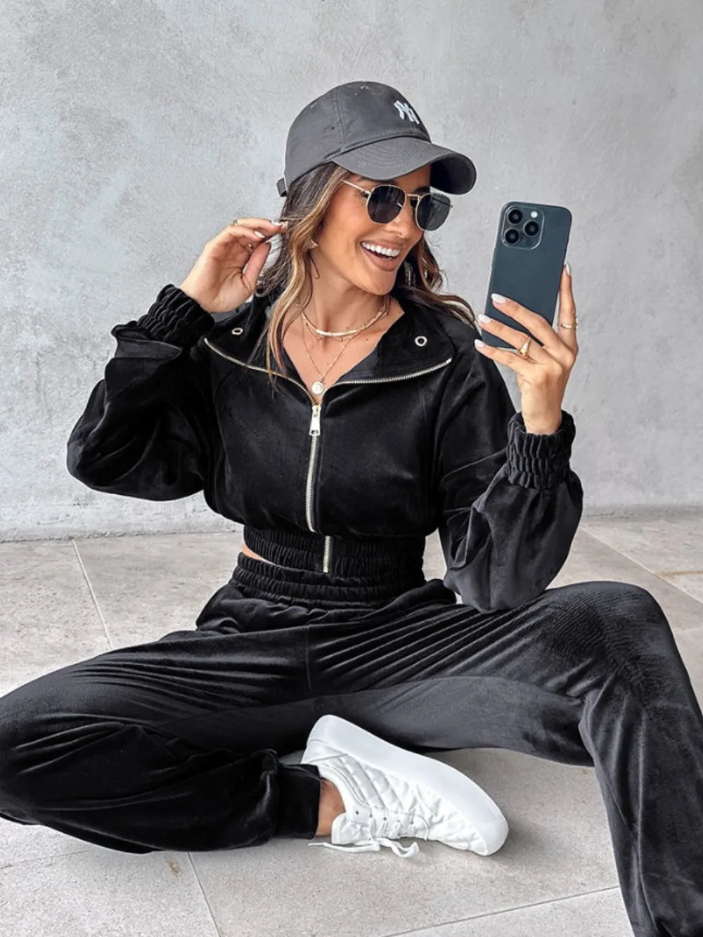 Zip Up Long Sleeve Cropped Top and Joggers Set Carauana Store