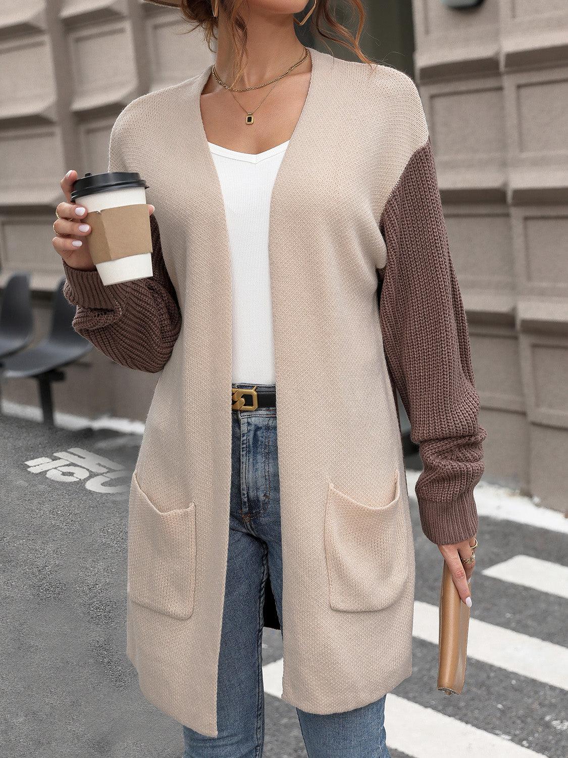 Perfee Contrast Open Front Long Sleeve Cardigan Carauana Store