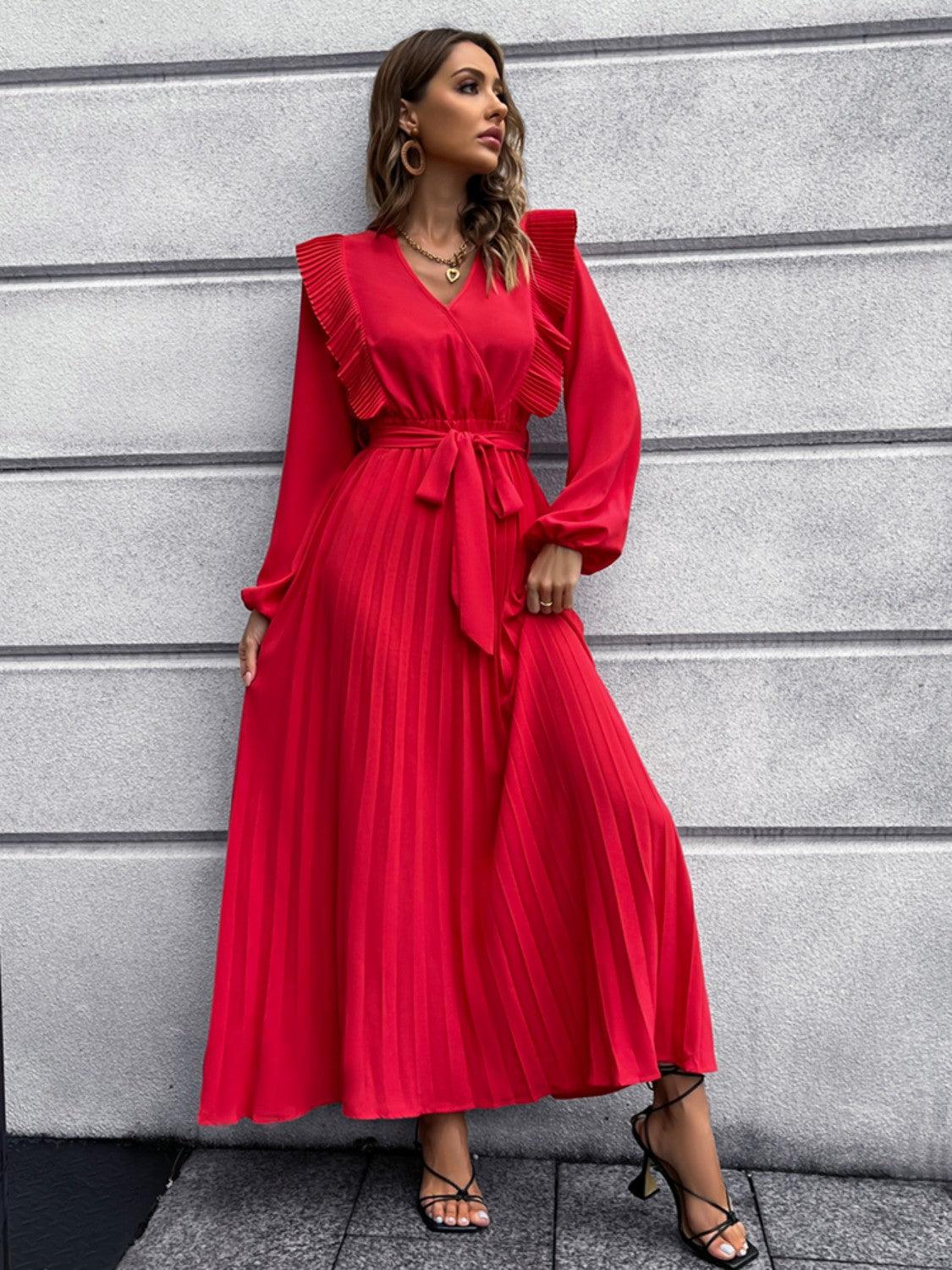 Pleated Surplice Tie Waist Maxi Dress Carauana Store