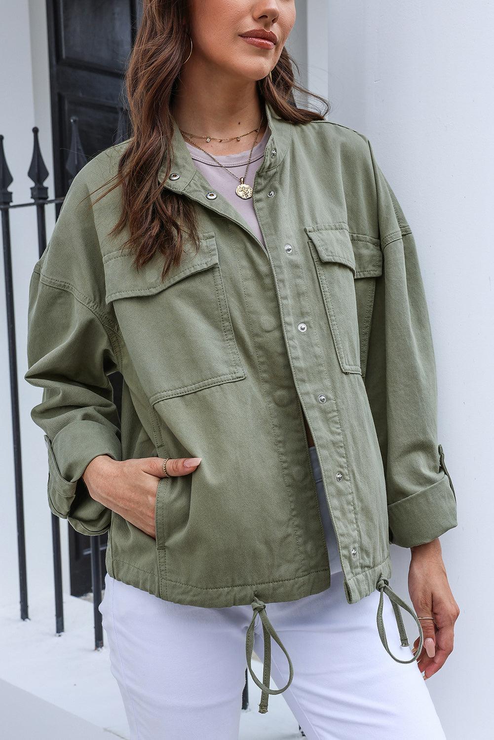 Drawstring Snap Down Dropped Shoulder Denim Jacket Carauana Store