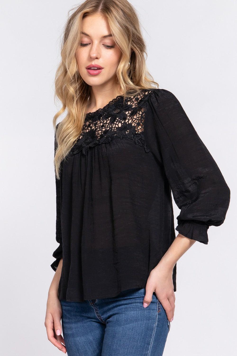 ACTIVE BASIC Crochet Lace Panel Flounce Sleeve Blouse Carauana Store