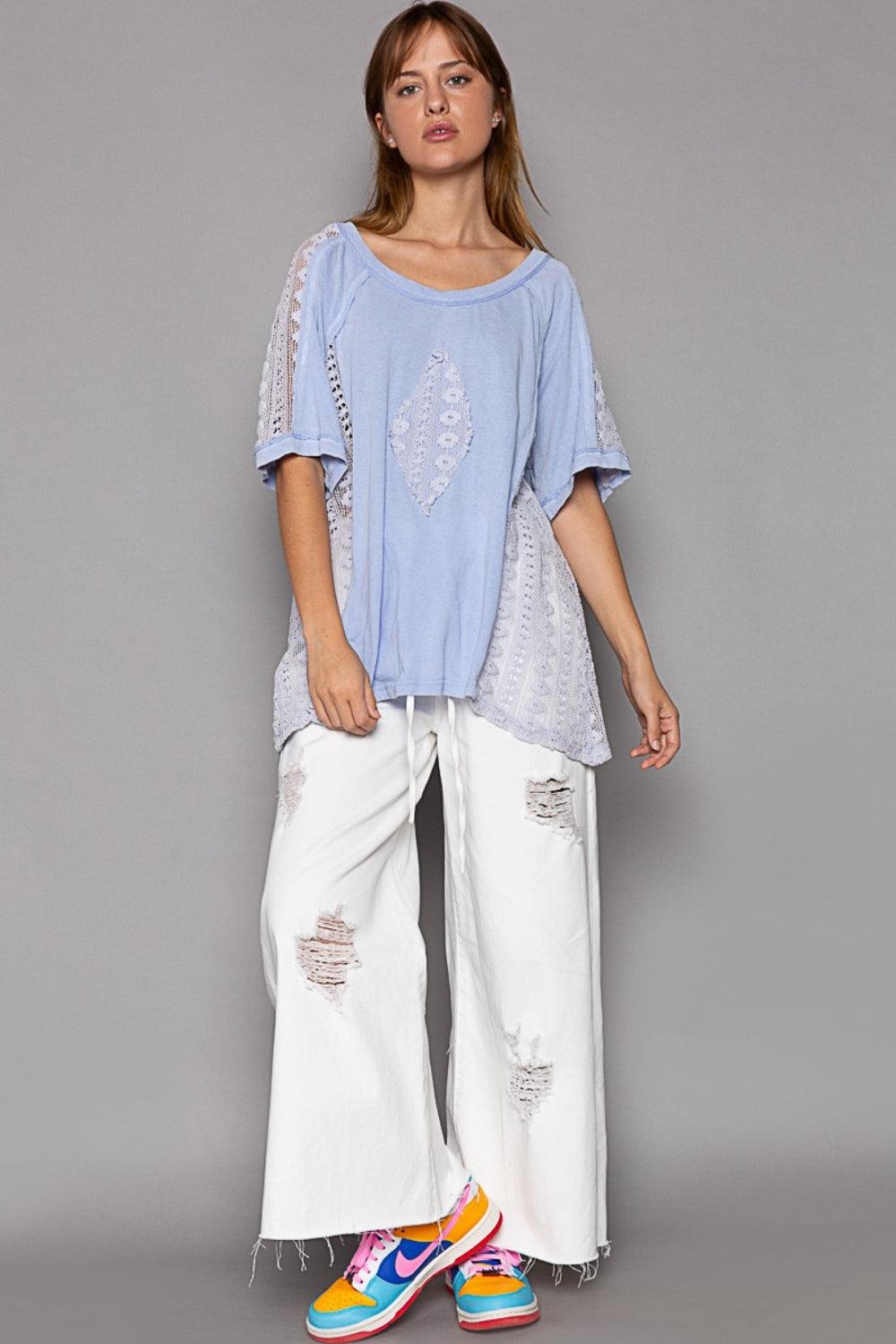 POL Short Sleeve Lace Crochet Panel Top Carauana Store
