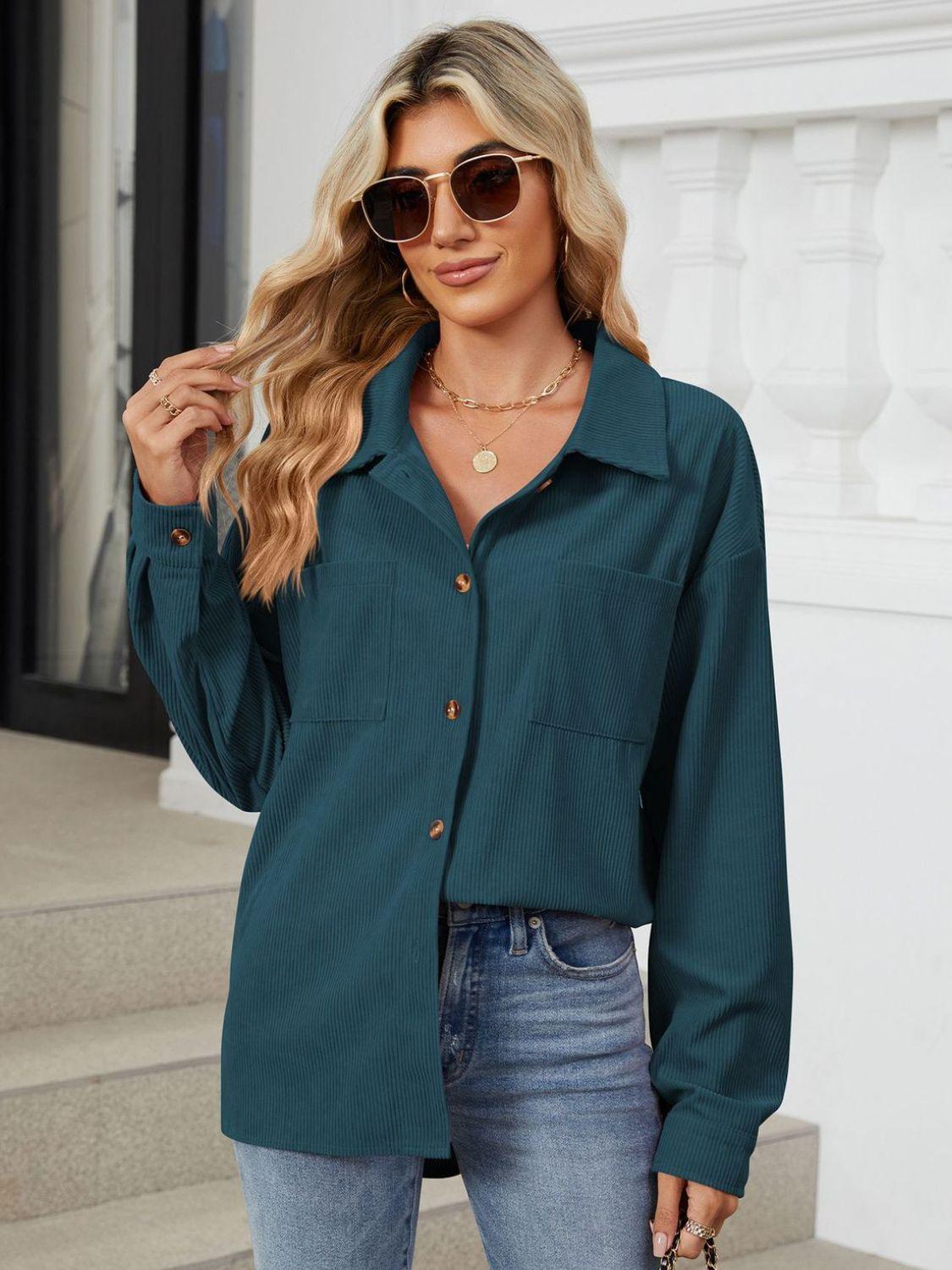 Button Up Dropped Shoulder Long Sleeve Outerwear Carauana Store