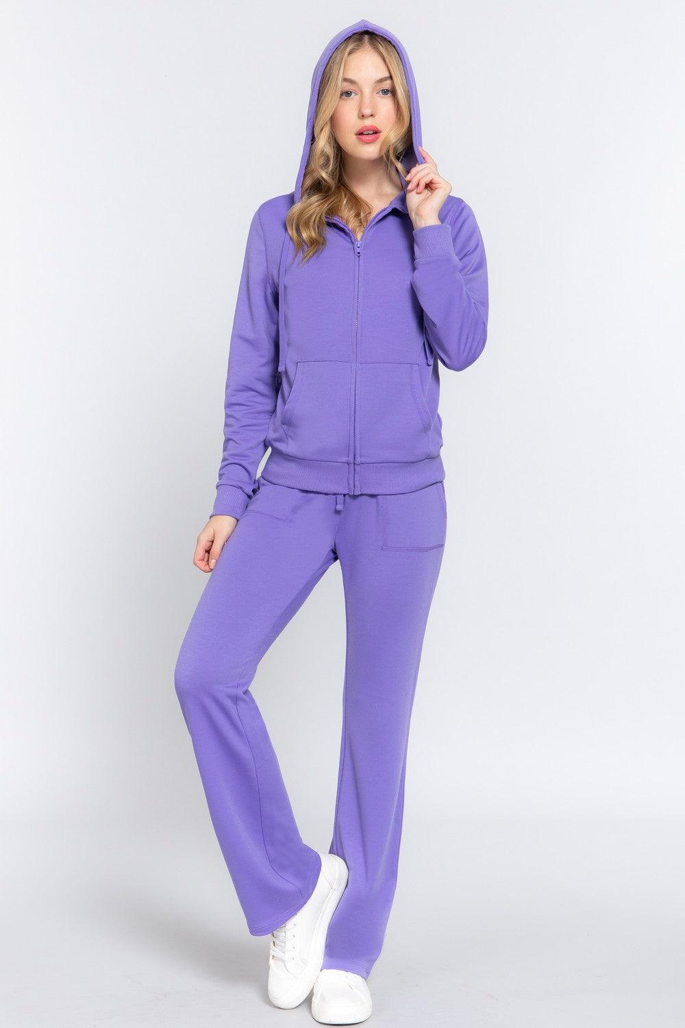 ACTIVE BASIC French Terry Zip Up Hoodie and Drawstring Pants Set Carauana Store