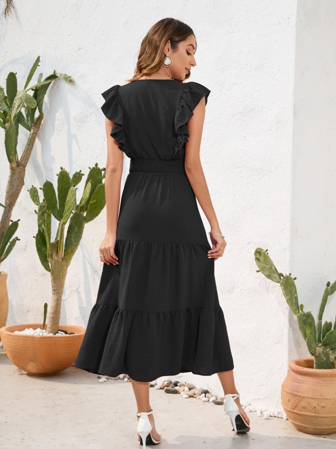 Tiered Ruffled V-Neck Cap Sleeve Dress Carauana Store