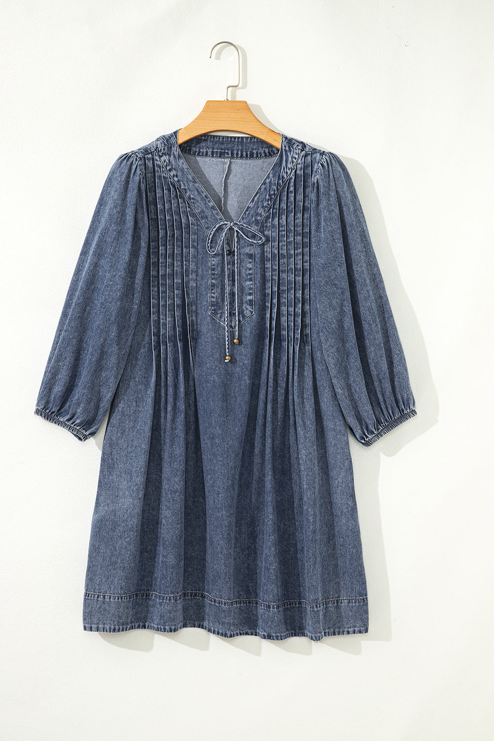 Sail Blue 3/4 Sleeve Tied V Neck Pleated Denim Mini Dress