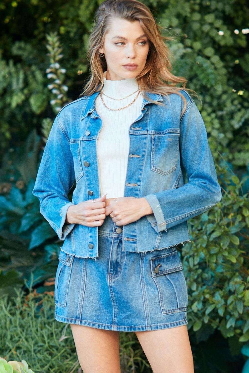 Veveret Button Up Raw Hem Denim Jacket Carauana Store