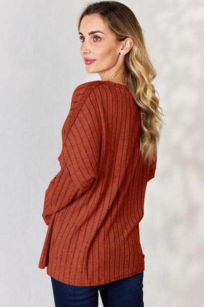 Basic Bae Full Size Ribbed Half Button Long Sleeve Shirt Carauana Store