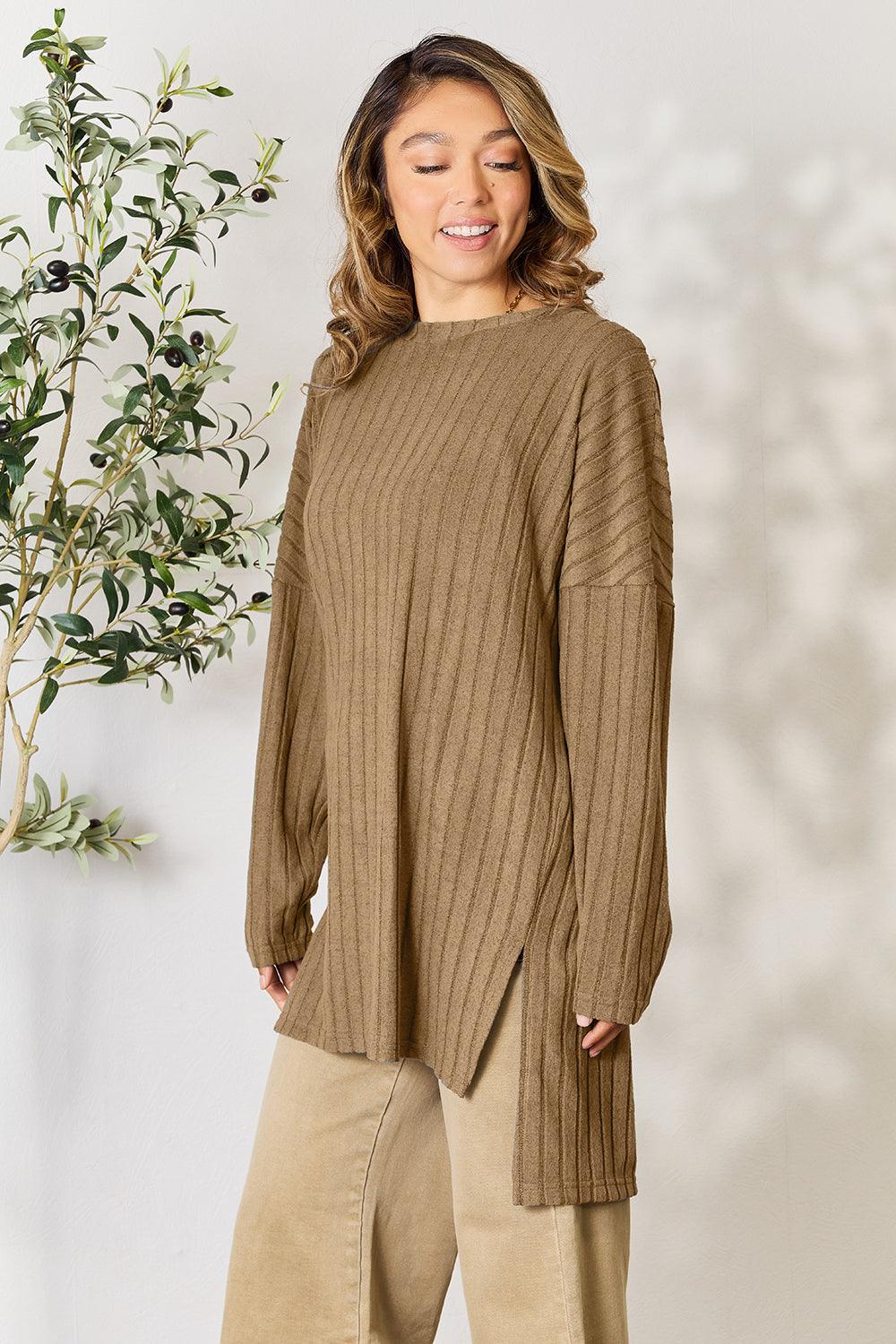 Basic Bae Full Size Ribbed Round Neck Long Sleeve Slit Top Carauana Store