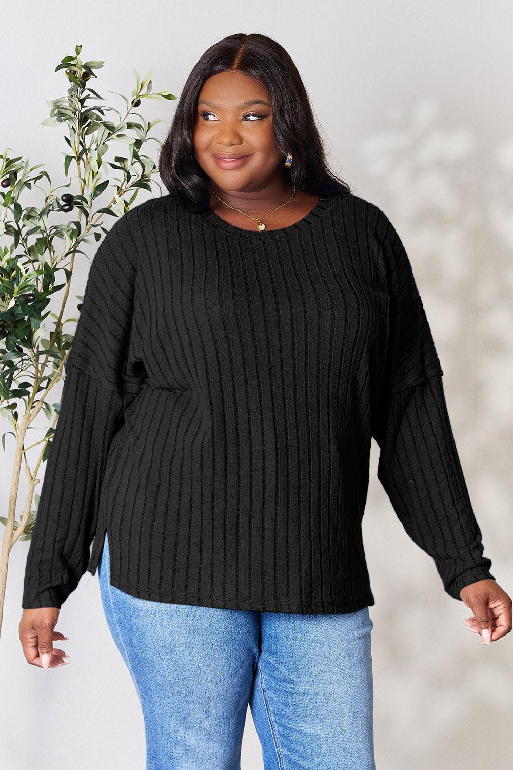 Basic Bae Full Size Ribbed Round Neck Slit Knit Top Carauana Store