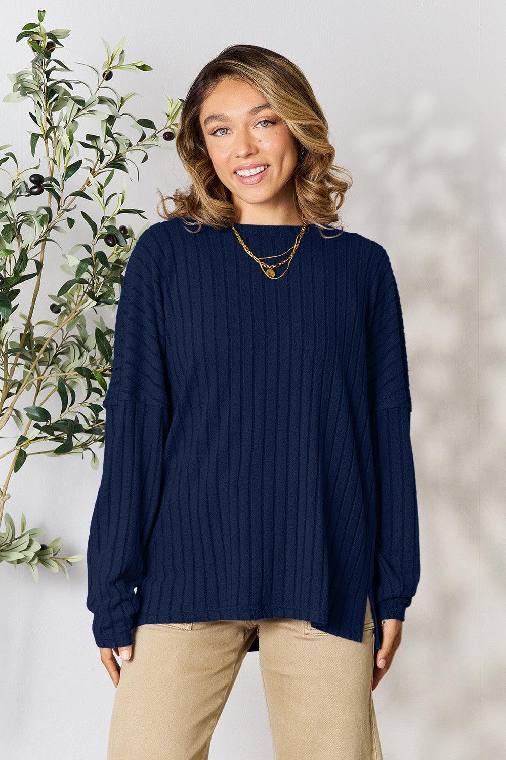Basic Bae Full Size Ribbed Round Neck Slit Knit Top Carauana Store