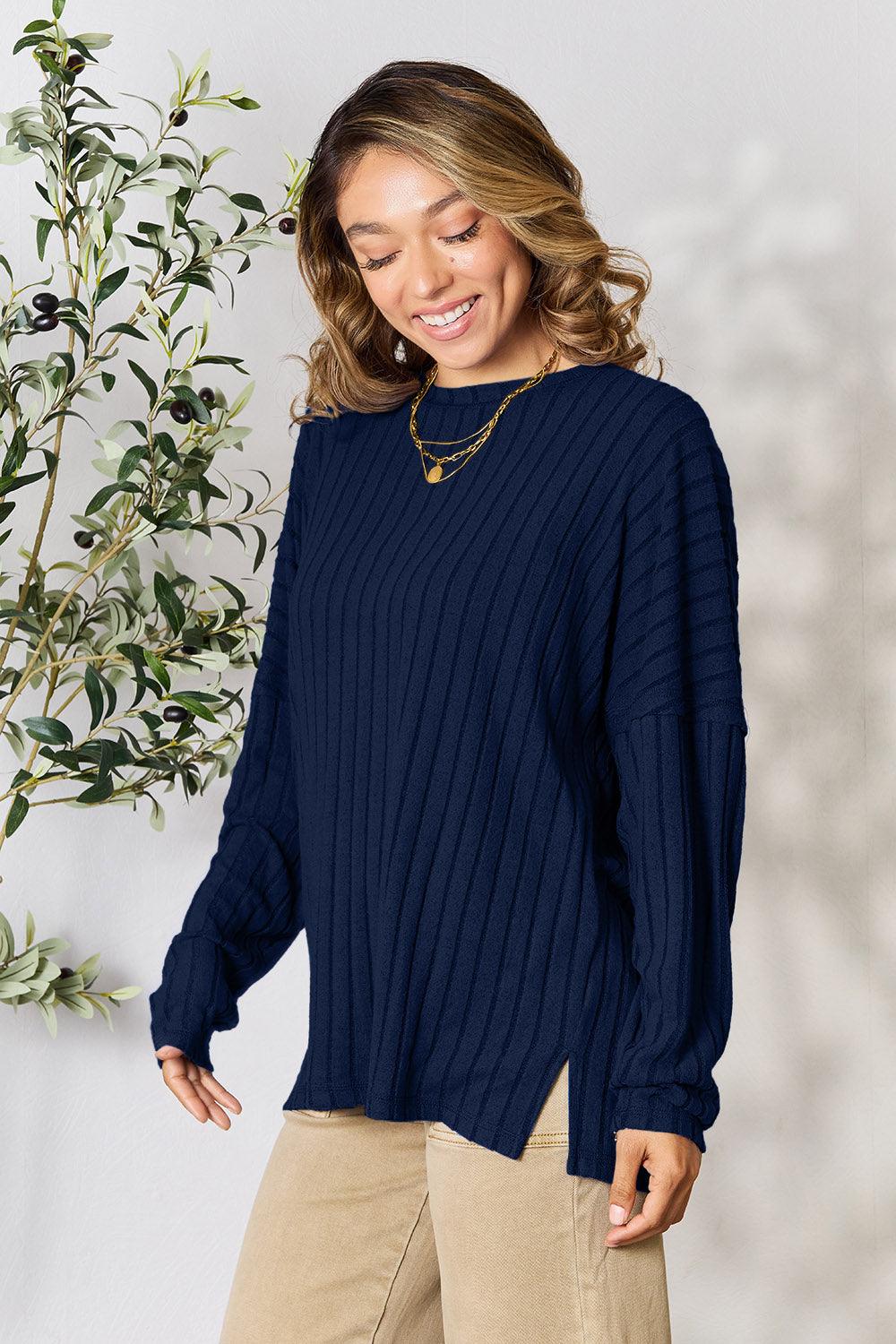 Basic Bae Full Size Ribbed Round Neck Slit Knit Top Carauana Store