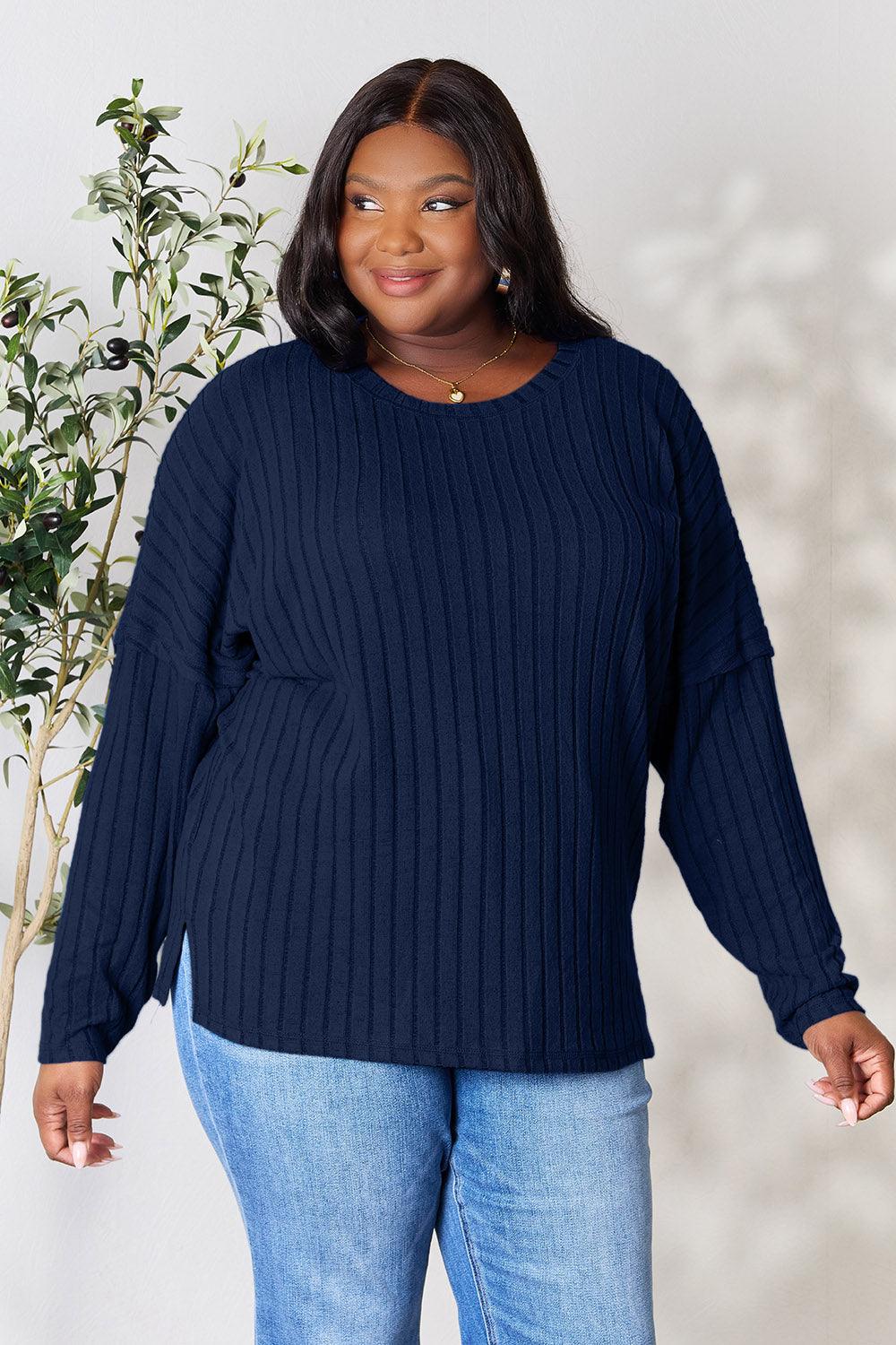 Basic Bae Full Size Ribbed Round Neck Slit Knit Top Carauana Store