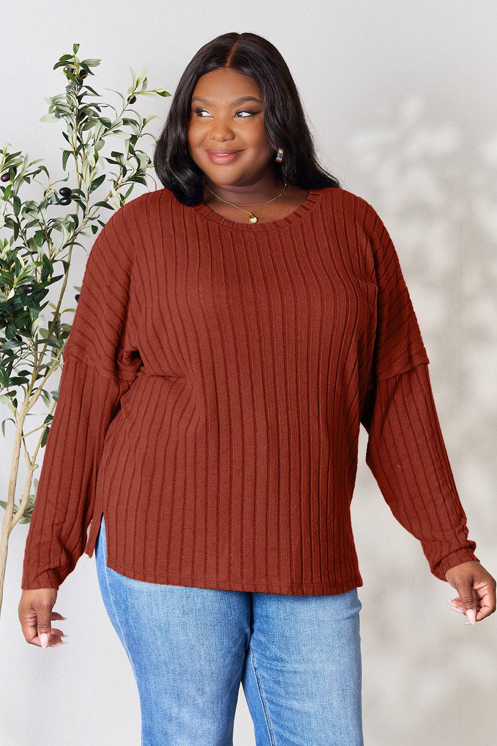 Basic Bae Full Size Ribbed Round Neck Slit Knit Top Carauana Store
