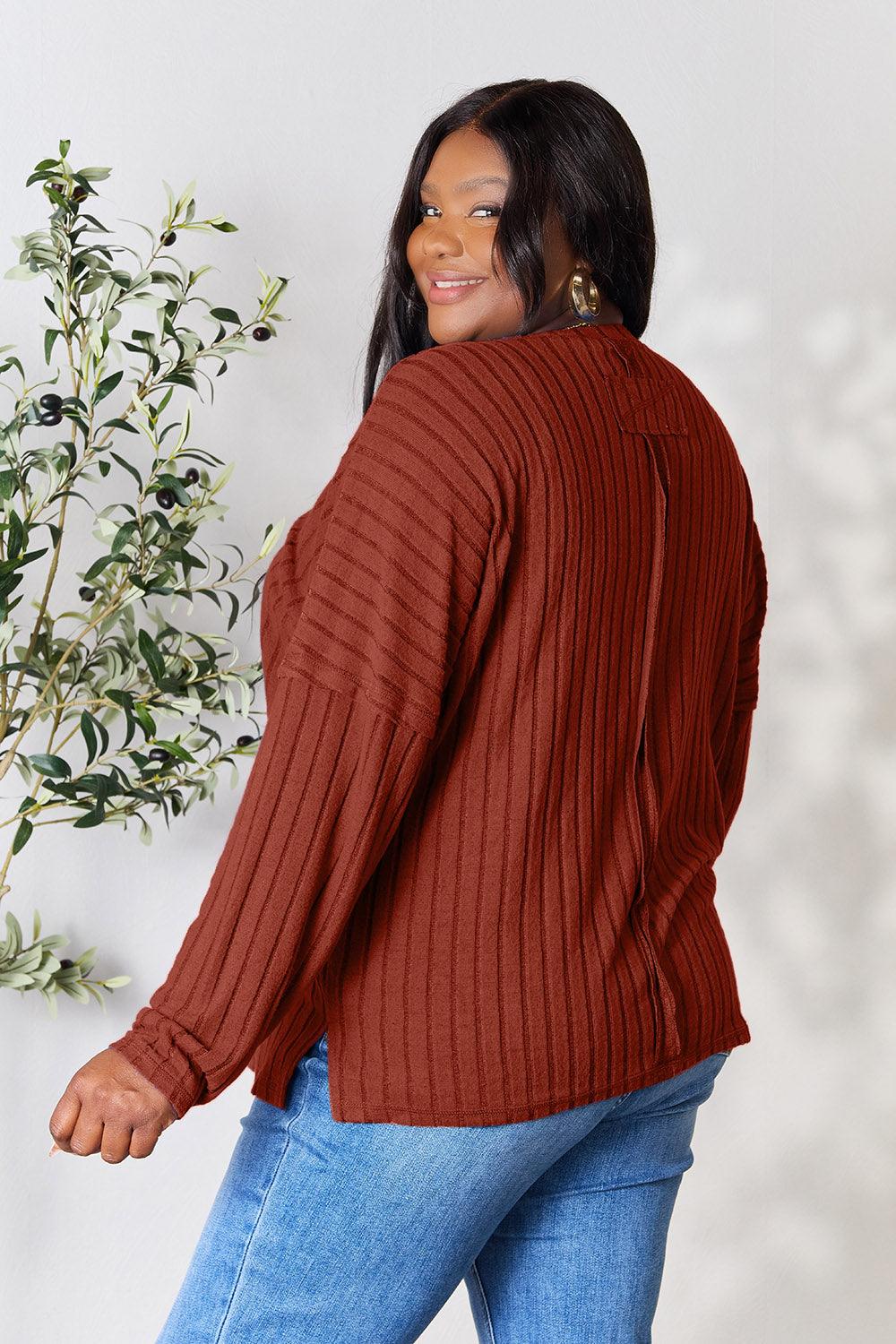 Basic Bae Full Size Ribbed Round Neck Slit Knit Top Carauana Store